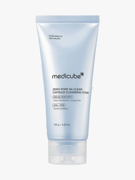 Medicube Zero Pore Capsule Cleansing Foam light blue tube on light gray background